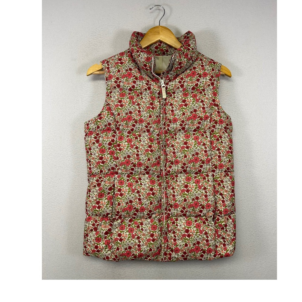 Cottagecore Lands End Kids L(14) Red Floral Down Fill Quilted Puffer Vest Zip Up